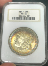 Rainbow Toned 1887 $1 Morgan Silver Dollar MS64 NGC With Old Fatty Holder