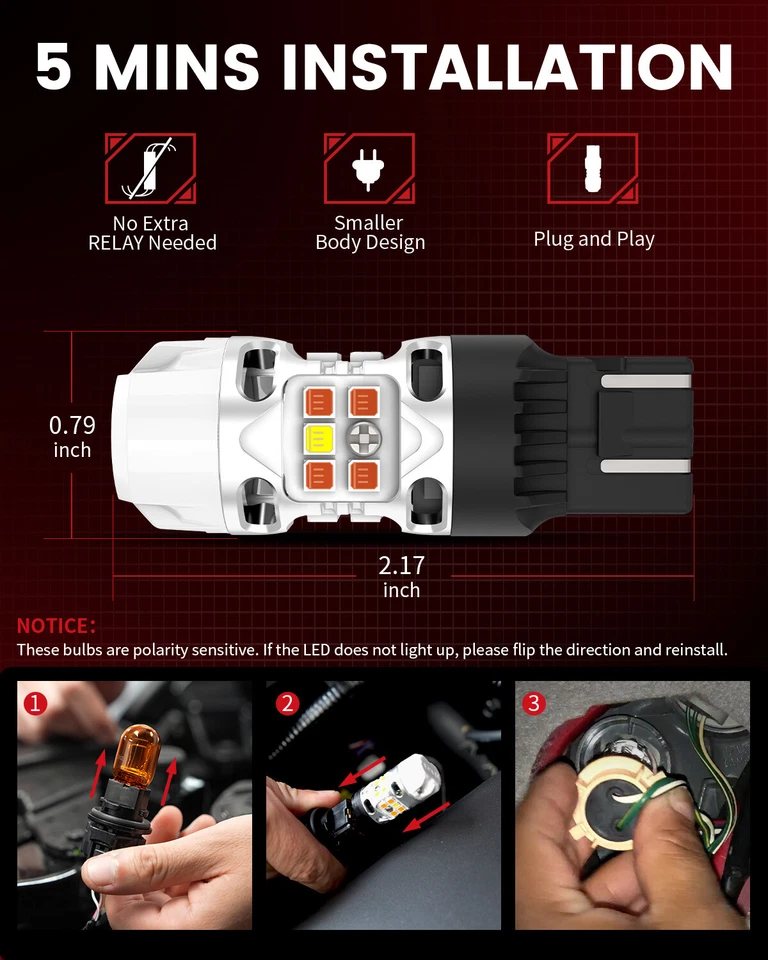 Interruptor de señal de giro LED 7443 blanco/ámbar para Toyota Tacoma 2024-2025 Canbus Foto 3 de 4