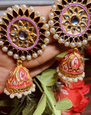 Beautiful minakari big size Hot Pink Gold Jhumki Earring With Pearl