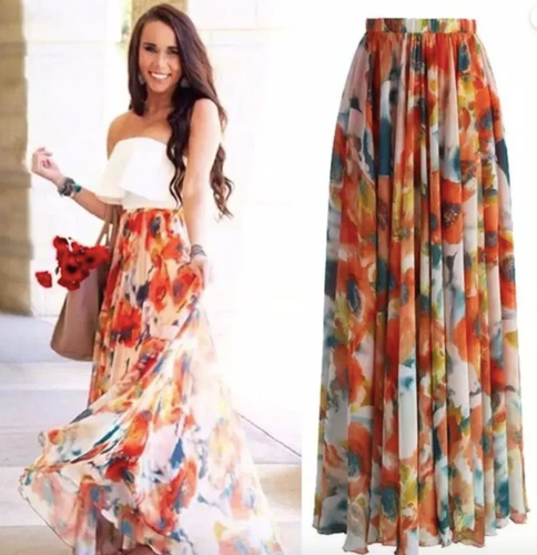 Orange Women's Floral Long Hippie Bohemian Summer High Waist Chiffon Maxi Skirt - 第 1/2 張圖片