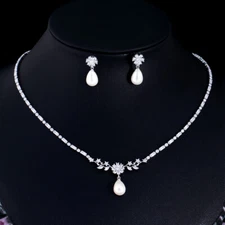 Top Silver Plated CZ Flower Leaf Tennis Pearl Drop Necklace Earrings Jewelry Set