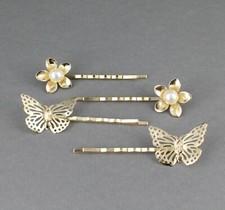 Butterfly Flower 4 gold bobby bobbi pins bead clip barrette hairpin accessory