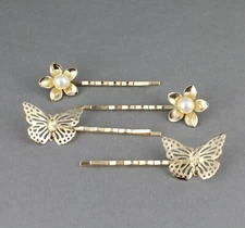 Butterfly Flower 4 gold bobby bobbi pins bead clip barrette hairpin accessory