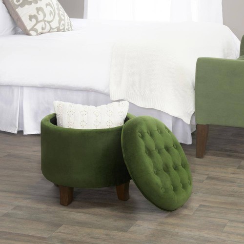 Homepop Ottomans 19" Wood Frame Storage Tufted Cushions Polyester Green Round - Picture 4 of 4