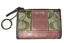 Rare Coach Signature Mini Skinny Card Case Coin Wallet Keychain Pink Brown Tan