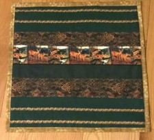 Quilted Table Topper, green stripe with deer 16.5 x 16.5 new, liner on the back