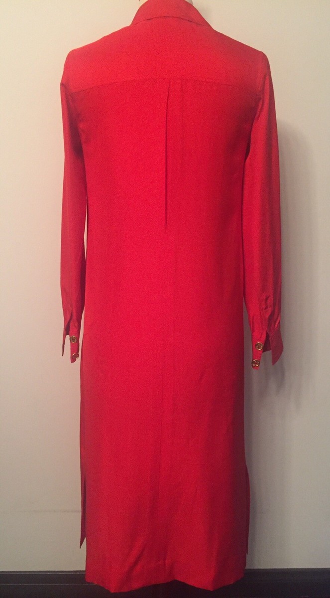 ワンピース Celine Long shirt dress CELINE Vintage Silk Long-Sleeve Shirt Dress, Red, Size 38