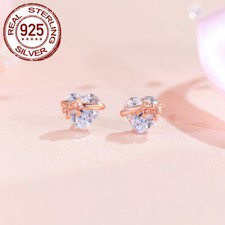 Small Bowknot CZ Heart Stud Earrings 925 Sterling Silver Rose Gold Plated Women