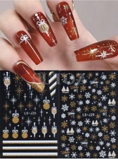 3D Christmas Gold Silver Glitter Snowflakes French Nail Art Stickers Decals NS44