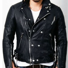 Mens Tumbled Black Leather Slim fit Moto Stud...