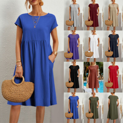 UK Women's Loose Holiday Party Casual Dress Short Sleeve Midi Swing Dresses  Size UK