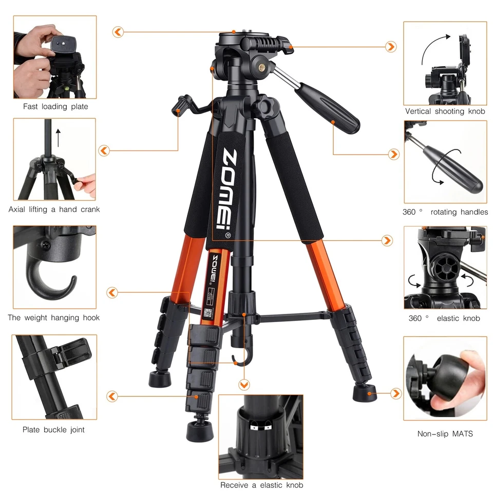 Zomei 187cm Aluminium Tripod DSLR Camera Stand 360° Panoramic Phone Mount - Image 4 of 4