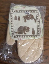 ONE NEW Quilted Cotton Kitten Cat Motif Oven Mitt & Potholder Set FREE SHIPPING