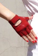 Real Leather Fingerless Short Gloves Black Red Brown Stud Lambskin Half Finger