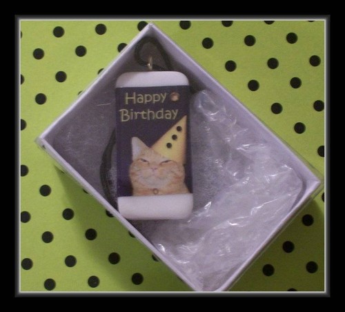 HAPPY BIRTHDAY - GINGER CAT DOMINO PENDANT WITH CORD AND CRYSTALS - Picture 4 of 4