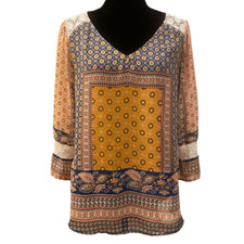 Fig  Flower Boho Patchwork Blouse  Floral Print  V-Neck Top  Size M
