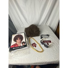 Brown Afro Wig Costume Set Chain Sunglasses 70s Disco Halloween Party