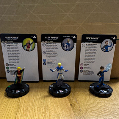 HeroClix Marvel Lot: Julie Power #030, Alex Power #034, Jack #016 w/ Cards
