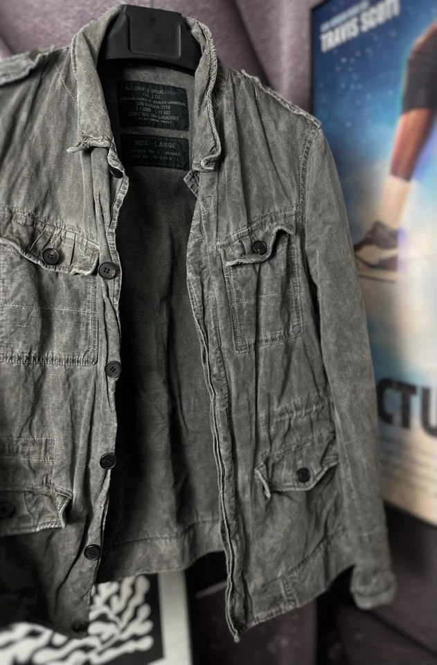 AllSaints Spitalfields Military Field Jacket Gray Linen Blend Utility L - Image 2 of 4