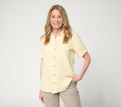 Susan Graver Women's Top Sz M PURE Cotton Gauze Button Front Tunic Yellow