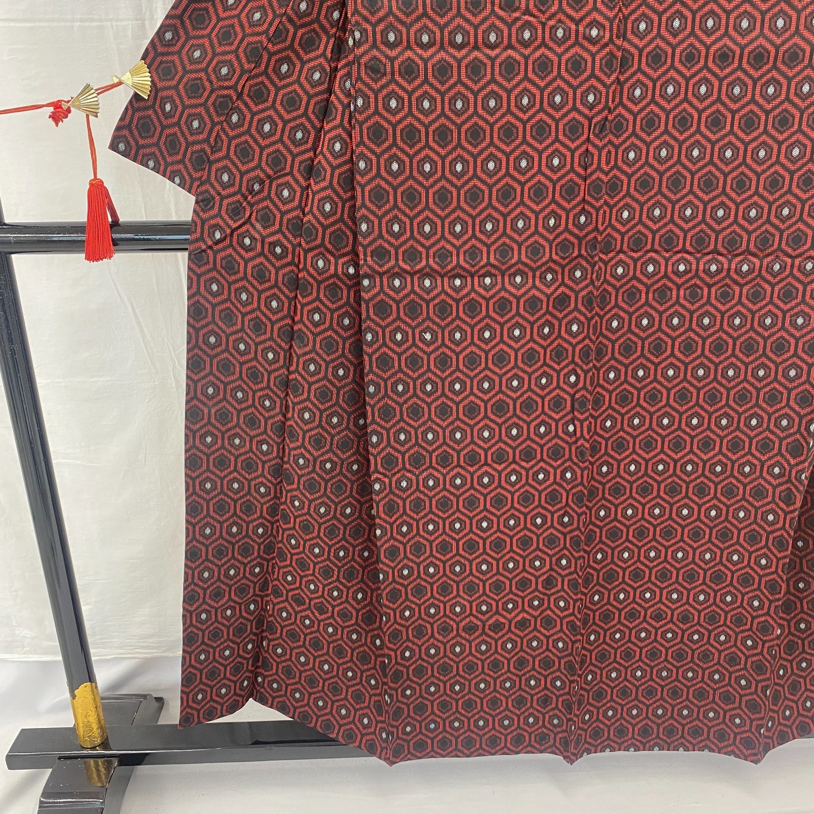 Japanese Vintage Kimono Silk Red Tumugi No Lining Traditional  Length 60 in