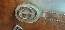Gucci GG Logo Leather Key Chain Keyring Bag Charm Beige Gold Tone Metal Ring
