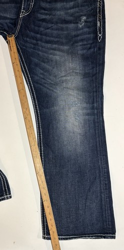 VTG Rock Revival 42 X 33 Jeans Damont Destroyed Pockets Leather Inserts Boot Cut - Picture 14 of 22