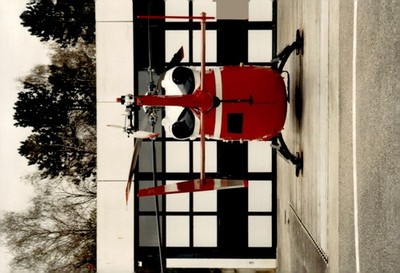 1995 Red and White Helicopter Aviation Hangar Original Color Photograph 90s