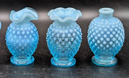 Vintage Fenton Blue Hobnail Opalescent Glass Lot Of 3 Miniatures 3.75 Inch *READ