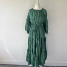 Free People Green Maxi Sun Dress Open Back Cut Out Size Small Tasseled Boho