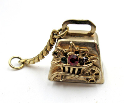 VTG 1 RHINE MISS FLOWER CART BELL Red green Gold tone chain Pendant for necklace