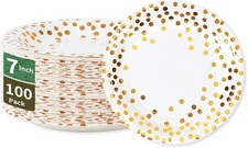 White and Gold Paper Plates,7INCH Gold Dot Dessert Plates,Disposable Party