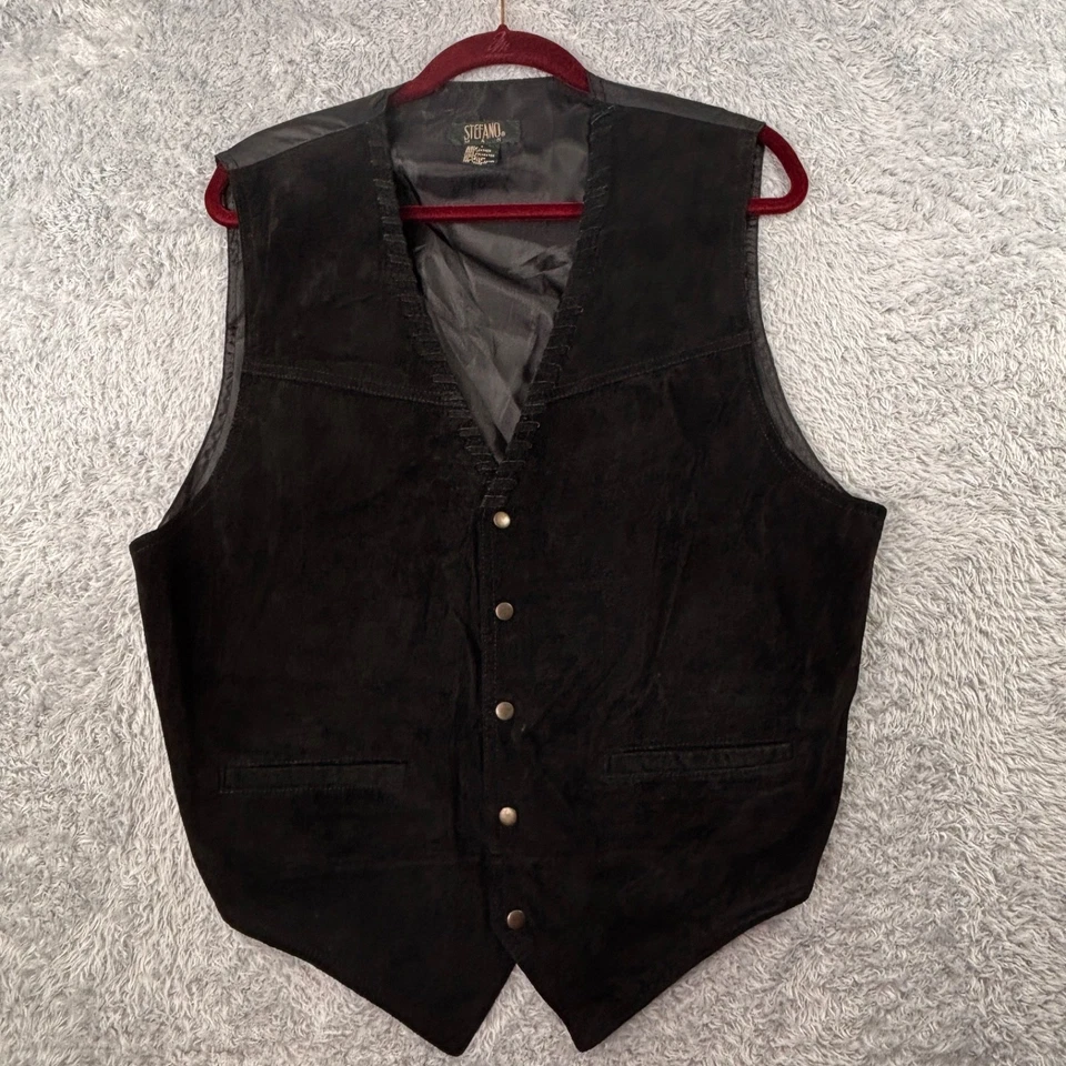 Chaleco de cuero de gamuza negro STEFANO MAN para hombre L grande motociclista occidental abotonado de colección Foto 2 de 4