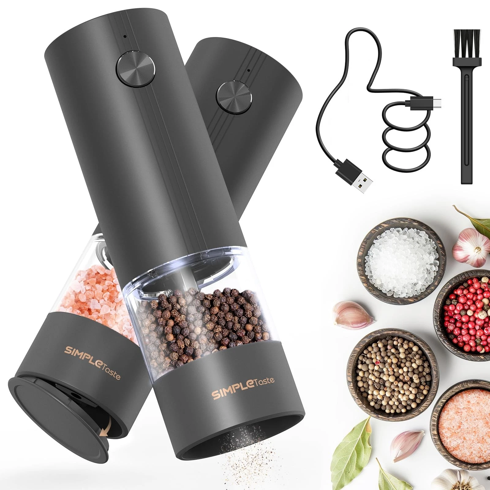Electric Salt and Pepper Grinder Set with LED Light, Automatic Pepper Mill Sh...