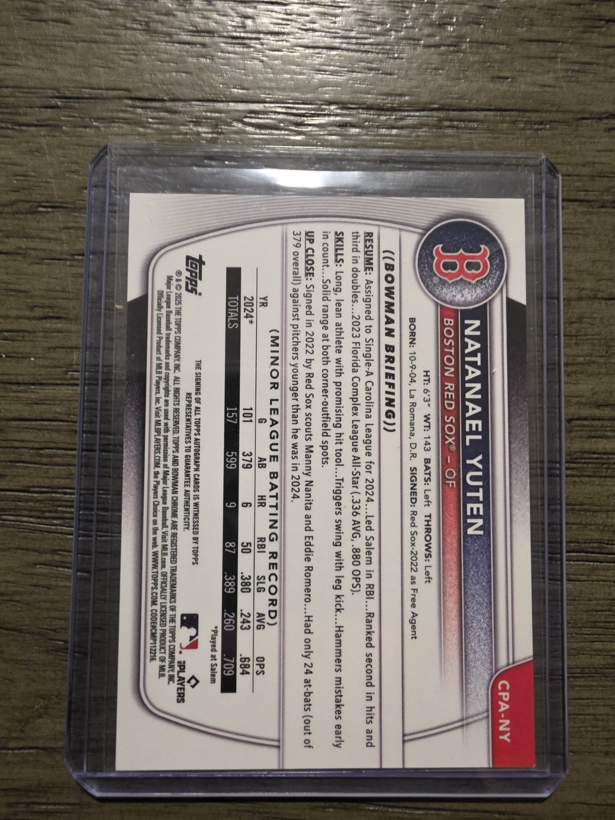 2025 Bowman Chrome Natanael Yuten 1st Prospect Auto Speckle Refractor 299 CPA-NY view 3