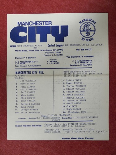 MANCHESTER CITY v WBA | 1973/1974 | RISERVE | 29 DICEMBRE 1973 | UK FREEPOST