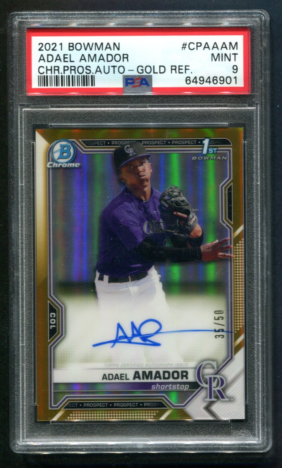 2021 Bowman Chrome Adael Amador 1ST Gold Refractor AUTO 35/50 PSA 9 MINT