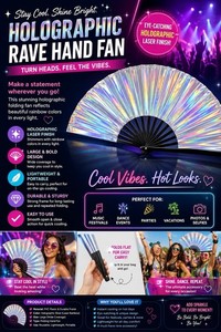 Holographic Laser Rave Hand Fan Large Lightweight Durable PVC Rainbow Portable