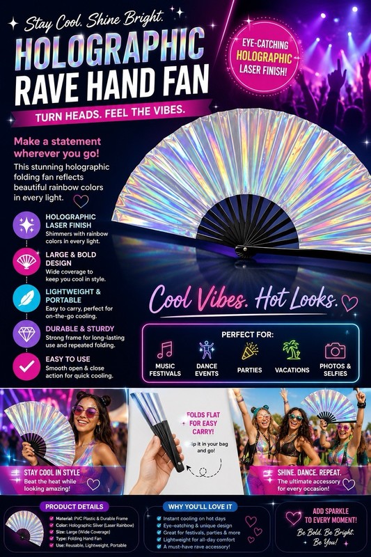 Holographic Laser Rave Hand Fan Large Lightweight Durable PVC Rainbow Portable