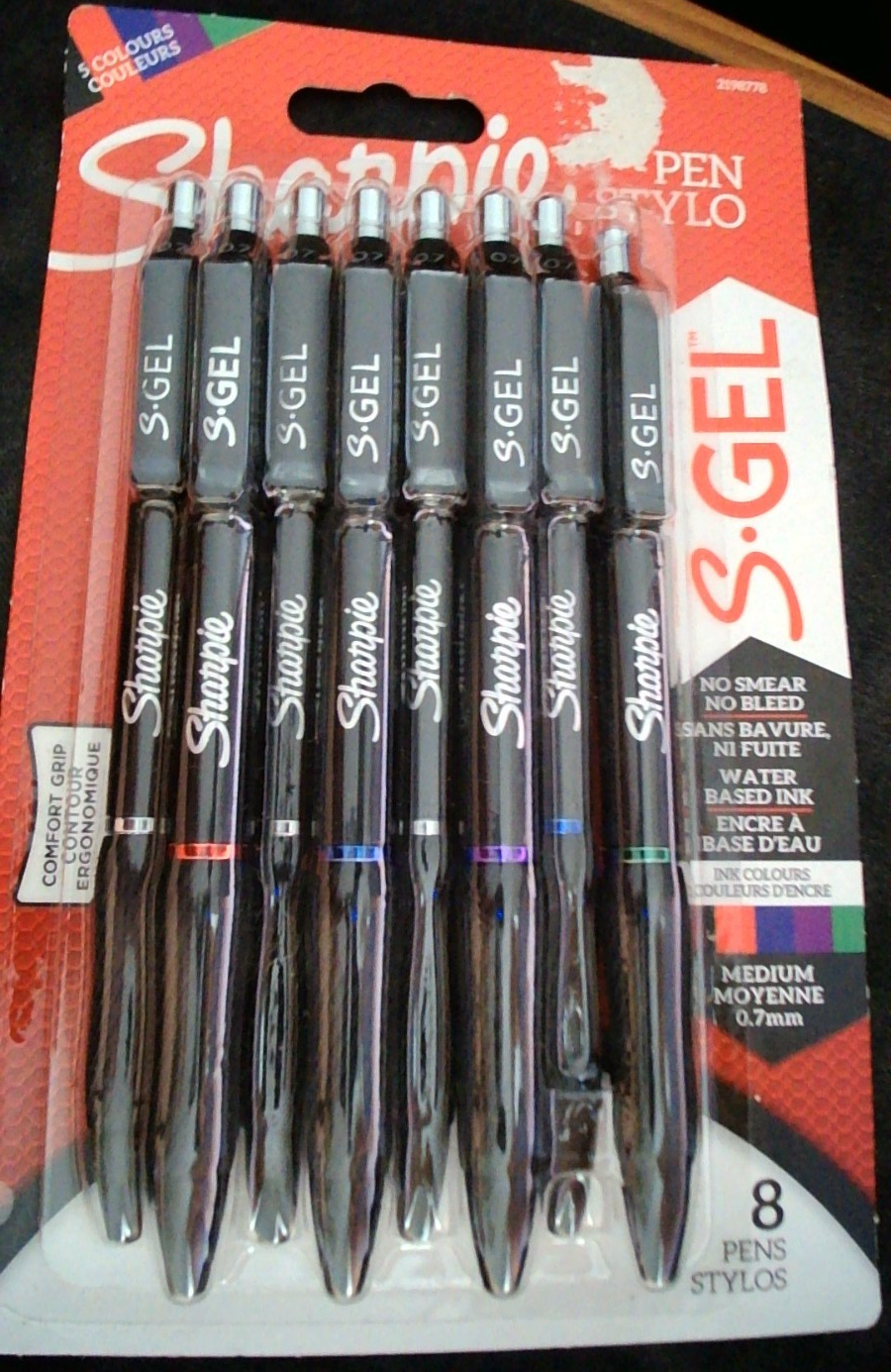 Sharpie S-Gel 0.7mm 8 pack of pens. 5 Colours. No Smear/ No Bleed. Rubber Grip.