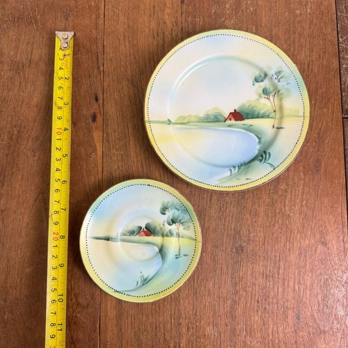 Platillo de galletas y té Nippon vintage pintado a mano de porcelana escena rural - Imagen 2 de 5