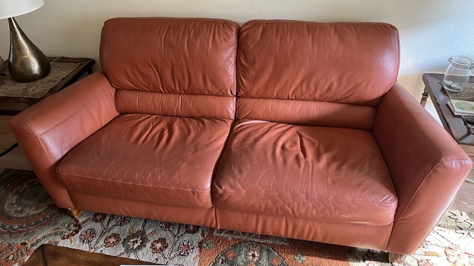 Vintage Burnt Orange Leather Sofa Couch Living Room Furniture - Image 4 of 4