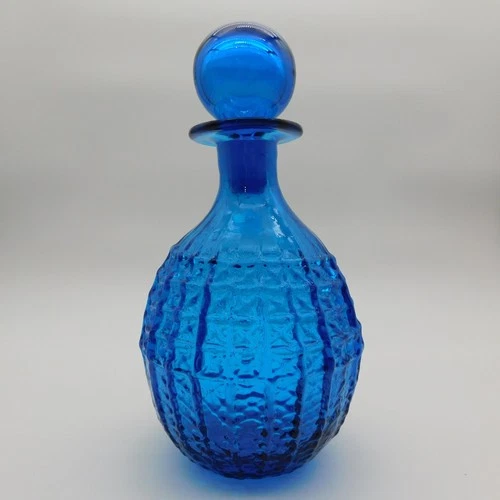 Blenko Joel Myers 7024 Glass Turquoise square pattern decanter W/ Stopper Fiasco
