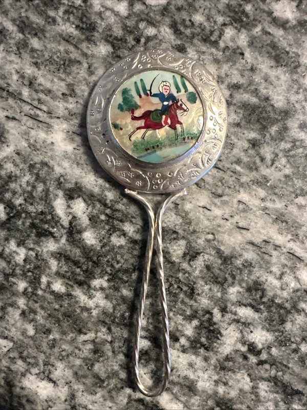 Antique Jewelry Hand Painted Mother of Pearl Vintage Silver Hand Mirror