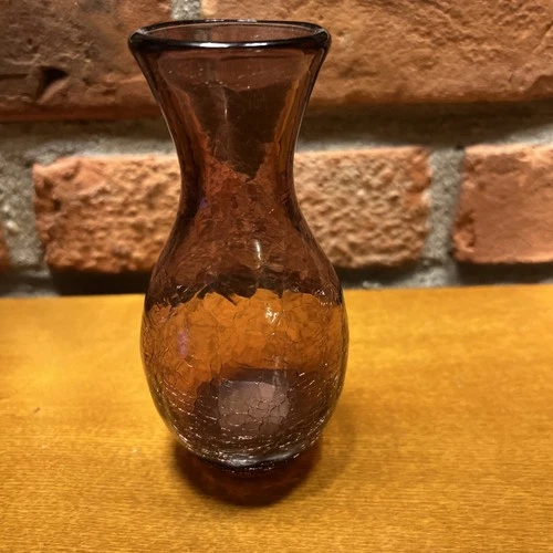 Blenko Hand Blown Amethyst/Purple Crackle Glass Vase 5.5”