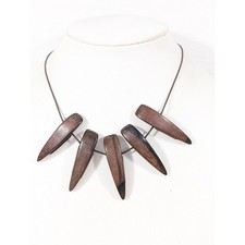 Wood Statement Necklace Brown Leather Cord Tribal Boho Pointed Beads 17"