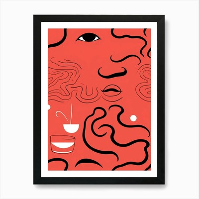 Rote abstrakte Gesichtslinie Zeichnung 2 Bogen gerahmtes Wandbild Poster Leinwanddruck Bild