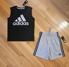 NEW ADIDAS Youth Big Boy Tank Top  Drawstring Short Set, Black/Gray YS 