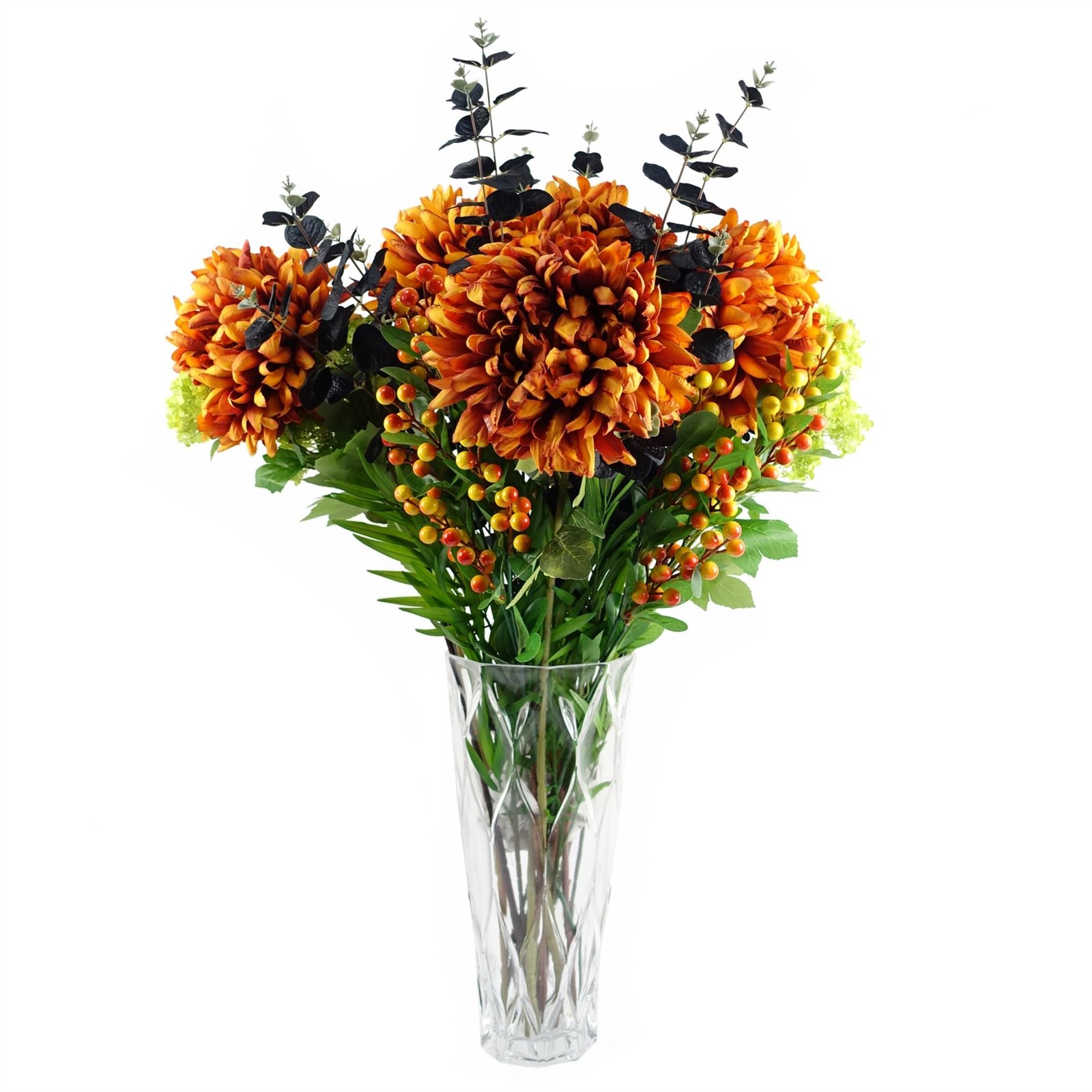 Artificial Flower Arrangement 80cm Orange & Black Silk Chrysanthemum Glass Vase