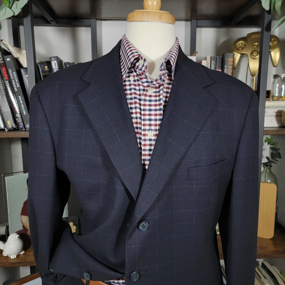 Винтажное мужское спортивное пальто Tommy Hilfiger на трех пуговицах темно-синее клетчатое саржевая шерсть размер 44S - Изображение 2 из 4